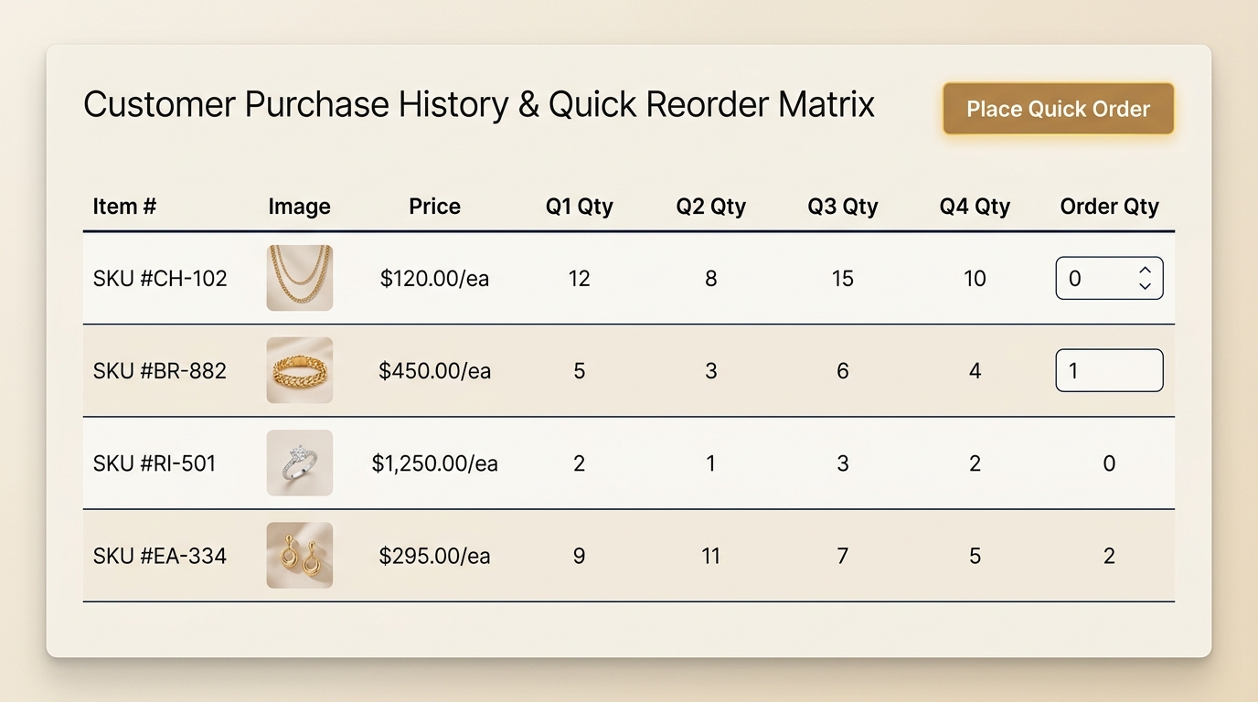 Customer Purchase History & Quick Reorder Matrix Report Table